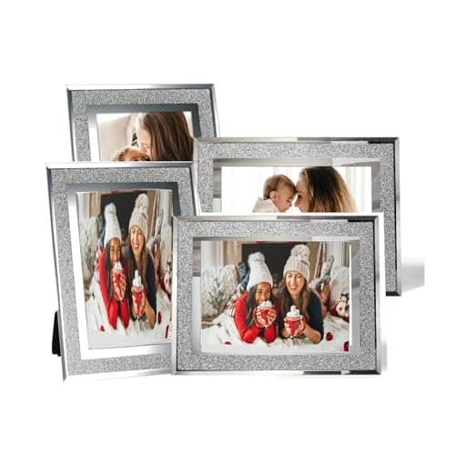 Image of MIVIDE 4PCS 6x4 Photo Frames, Silver Crystal Picture Frames, Glass Picture Frames, Sparkly Photo Frame for Wedding Vertically or Horizontally Display