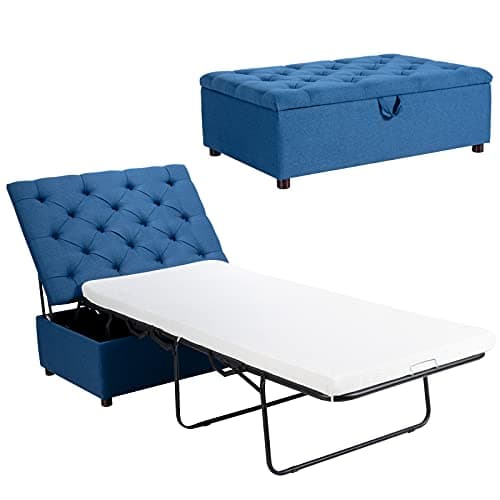 Image of COSTWAY Folding Sofa Bed with Mattress, 2-in-1 Convertible Sofa Ottoman, Space-Saving Button Tufted Couch Sleeper Lounger Footstool for Living Room, Bedroom and Office (Blue)