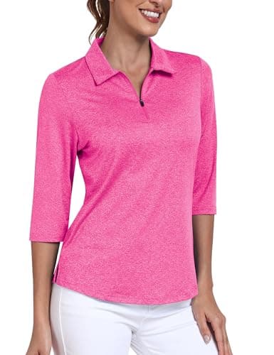 Image of JINSHI Women's Golf Polo Shirts 3/4 Sleeve Golf Top Quick Dry UPF 50+ Casual Work Sports Tennis Shirts Rose Red Size US S