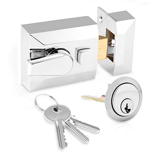 Image of XFORT® Narrow Deadlocking Night Latch 40mm, Complete with Rim Cylinder and 3 Keys, Elegant Polished Chrome Nightlatch, External Door Lock for Front Door, High Security for Your Home or Workplace