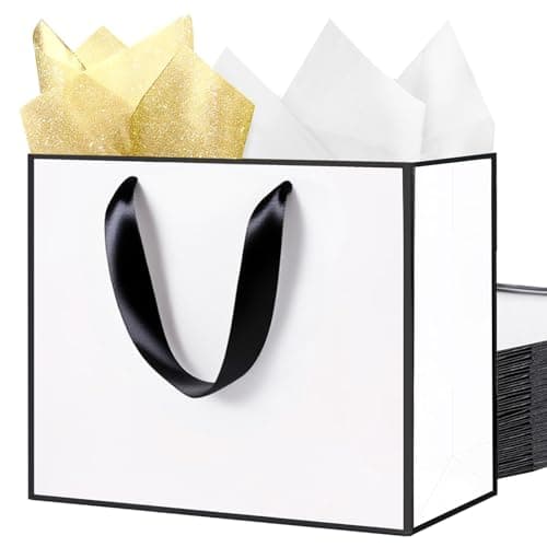 Image of SHIPKEY 10 Pcs White and Black Gift Bags, 40x15x30cm Party Favor Bags with Tissue Paper, Extra Large Paper Bag | Shopping Bag for Birthday (16x6x12 Inches)
