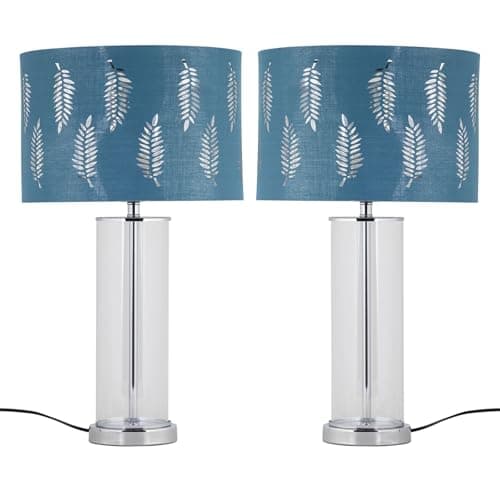 Image of firstchoicelighting Set of 2 Modern Chrome & Glass Table Lamp Bedside Lights with Teal Fern Shades, LED Compatible, Height 54cm, Inline Switch
