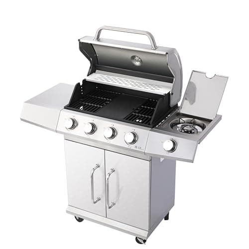 Image of BBQ Kingdom 4+1 Burner Gas BBQ Grill, Stainless Steel Barbecue with Side Burner, Cast Iron Cooking Plate, Warming Rack, Side Tables, Grease Tray, Storage Cabinet, Includes Grill Cover, Adaptor & Hose