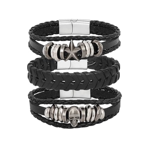 Image of MILAKOO Punk Skull Leather Bracelets with Stainless Steel Clasp Rock Biker Goth Pentagram Wristband