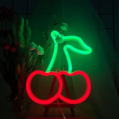 Image of ENUOLI Cherry Neon Lights Sign Led Neon Sign with 2 Hooks USB/Battery Powered Night Light Sign Lamp for Wall Decor Neon Strip Lights Shade for Home Parties Decoration(Red&Green)