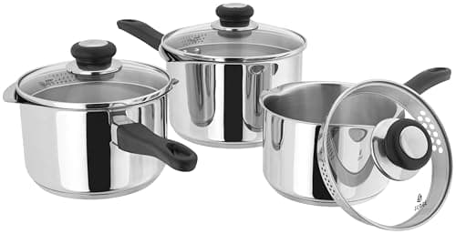 Image of Judge Vista Draining Set of 3 Stainless Steel Pans, 16cm, 18cm & 20cm Saucepans with Pouring Lip and Strainer Lids, Induction Ready, Oven Safe