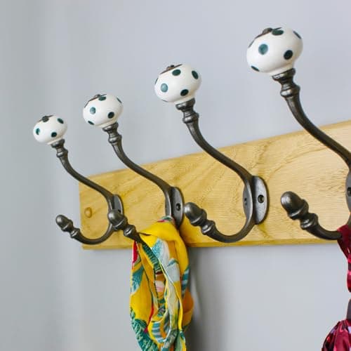 Image of Oakcrafts Hand Finished Dark Green Polka Dot Ceramic Coat Hooks - Antique Cast Iron - Pack of 4