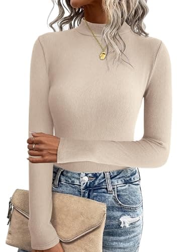 Image of Zeagoo Womens Jumpers Long Sleeve Tops Casual Slim Fit Sweater Turtleneck Stretch Pullover Plain Lightweight Shirts Beige S