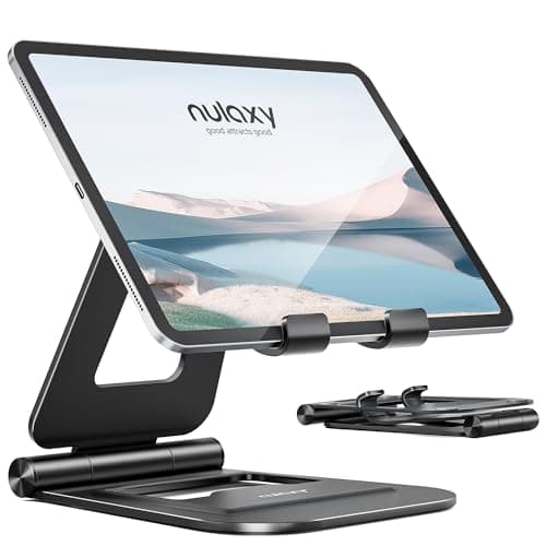 Image of Nulaxy Aluminum Tablet Stand for Desk, Foldable Adjustable Desktop Tablet Stand Holder, iPad Accessories for Office Compatible with iPad Air/Mini/Pro 11/12.9/10.2, All 4-11'' Mobile Devices, Black