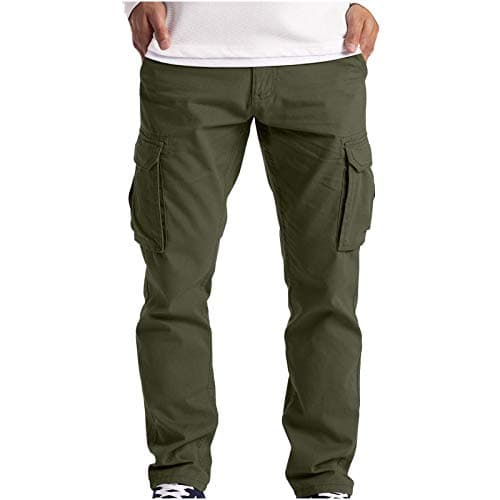 Image of Mens Cargo Trousers Elastic Waist Combat Pants Stretch Fit Work Office Trouser Multi-Pocket Sports Athletic Gym Tracksuit Bottoms S-XXL Army Green