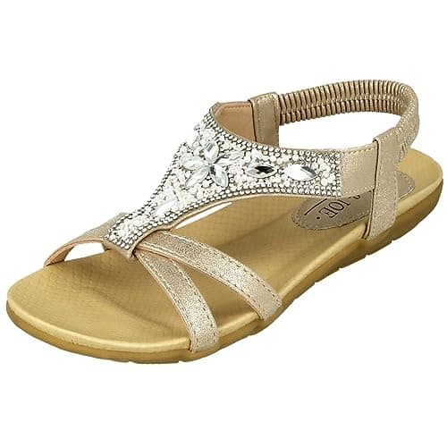 Image of Jo & Joe Ladies Faux Leather Peep Open Toe Sling Back T-Bar Dimante Flat Flip Flop Sandals Size 3-8 (UK 5, Gold)