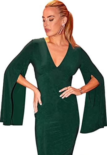 Image of Chi London Womens V Neck Split Sleeve Bodycon in Green Special Occasion Dress, Green, 10 UK