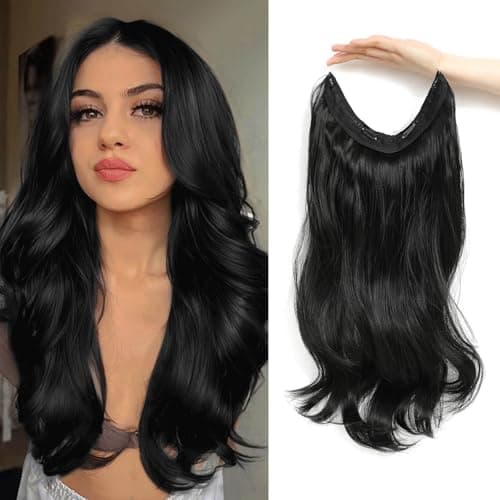Image of Flyroseing Dark Black Hair Extensions, Body Wavy Halos Hair Extension, 18 Inch Synthetic Fiber Hair Extensions Clip In 2 Secure Clips Secret Hairpiece with Transparent Wire Adjustable Size