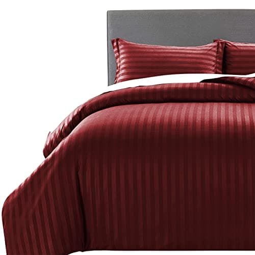 Image of MOONLIGHT20015 King Size Duvet Cover Sets Reversible Stripes Satin Bedding Set with 2 Pillowcases Soft Hypoallergenic Duvet Covers (Burgundy 230x220)