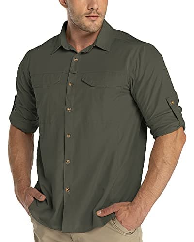 Image of 33,000ft Men's Long Sleeve Hiking Shirt Lightweight Quick Dry UV Button Shirts with Pockets Outdoor Shirts for Safari Walking Fishing Green 3XL
