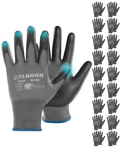 Image of LANON 18 Pairs Grey Safety Work Gloves, PU Coated, Full Fingertip Touchscreen Working Gloves for Men and Women, Lightweight, Seamless Knit, Power Grip, EN 388, L/9