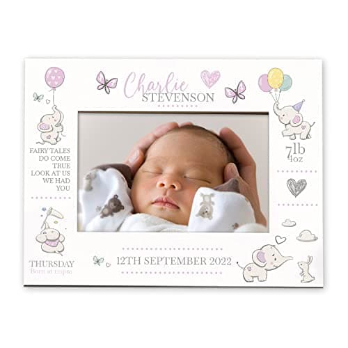 Image of Personalised Baby Girl Photo Frame With Birth Details and Cute Elephant