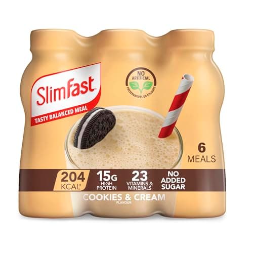 Image of SlimFast Ready To Drink Shake, Tasty, Balanced Shake with Vitamins and Minerals, No Sugar, Cookies and Cream Flavour, 6 x 325 ml Multipack