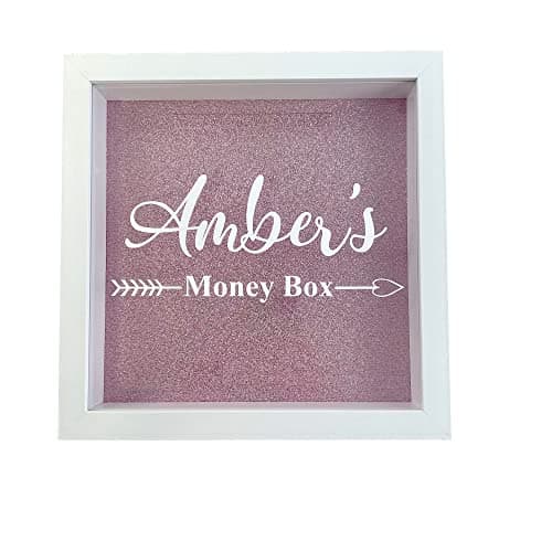 Image of Personalised Money Box Savings Gift Birthday Keepsake Present, White Wooden Money Box Frame 25cm (Pink Glitter)
