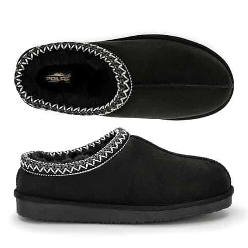 Image of Polar Women’s Faux Suede Shearling Lined Slippers - Warm Memory Foam Indoor Outdoor Slip-On House Shoes with Aztec Trim - Non-Slip Sole for Winter Cosy Comfort - Black - UK 6