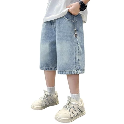 Image of Rolanko Boys Baggy Jeans Shorts, Elastic Waist Pull on Wide Leg Knee Length Summer Denim Shorts for Tween Kids, Blue, 6-7 Years, 130