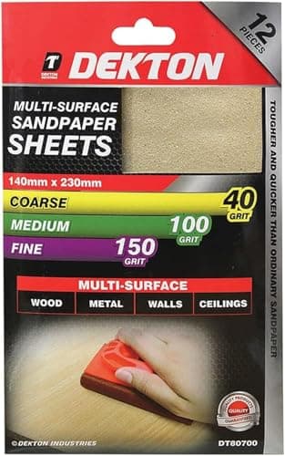 Image of Dekton 12PC Multi-Purpose Sanding Sheets, 230mm, 4 Each - 40 Grit/Course, 100 Grit/Medium, 150 Grit/Fine | Multi-Surface Use on Wood, Metal, Plaster, Plastics & Paint | Heavy-Duty Sanding Performance