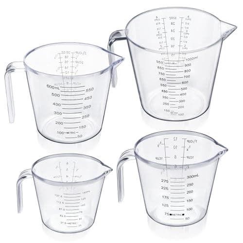 Image of Measuring Jug Set of 4 for Kitchen, Lychico BPA Free Liquid Nesting Stackable Measuring Cups with Spout and Handle, Plastic Jugs 150ML / 300ML / 600ML / 1000ML with Ml Oz Cup Measurement