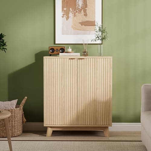Image of GarveeMore Wooden Sideboard with 2 Doors, Modern Fluted Buffet Cabinet with Gold Hidden Handle & Sturdy Wood Legs, Kitchen Cupboard for Bedroom Hallway Dining Living Room 88 x 40 x 95 cm
