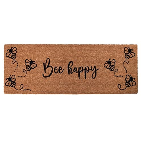 Image of 100% Natural Coir Door Mat 125 x 40cm Indoor Outdoor Non-Slip Backing Long Decorative Welcome Doormat for Hallway Foyer Dirt Trapper Large Entrance Runner [Bee Happy]