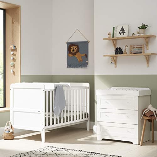 Image of Tutti Bambini Rio Nursery Furniture Set (2 Piece) | Convertible Baby Cot Bed & Chest of Drawers Baby Changing Unit | Solid Wood Bedroom Furniture | White