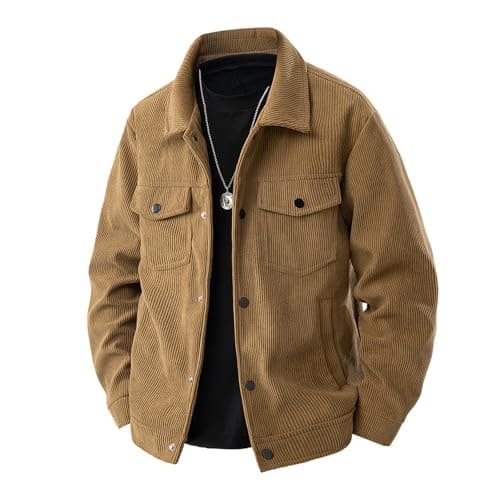 Image of HBER Corduroy Jacket for Men Button Down Vintage Long Sleeve Fall Shirts Casual Western Shacket Jacket with Flap Pockets, Coffee, X-Large