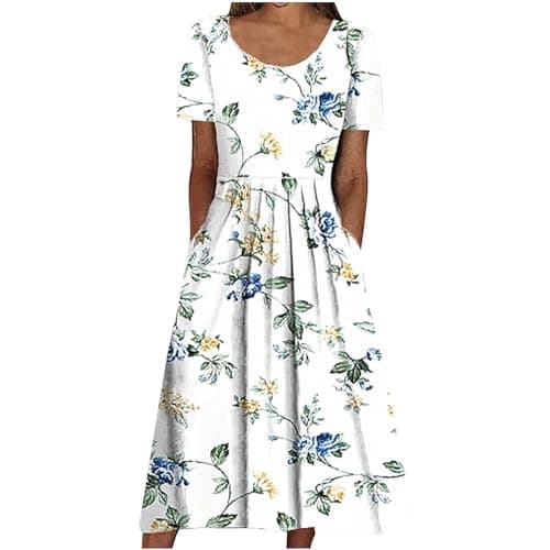 Image of Women Summer Beach Dress Boho Casual Front Pleated Dresses Floral Printed Loose Pockets Holiday Sundress Ladies Elegant Short Sleeve Midi Dresses Flower Swing Flowy Dress