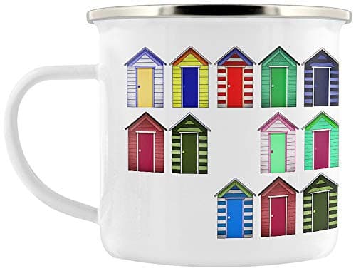 Image of Grindstore Beach Hut Collage White Enamel Mug 8cm Drinking Cup for Hot and Cold Beverages