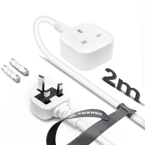 Image of Single Plug Extension Lead 2m, 1 Gang Single Socket Extension Lead Surge Protected, 13amp 250V 3kw UK 3 Pin Fused Mains for Tumble Dryer, Rubber, Tough and Fireproof, White
