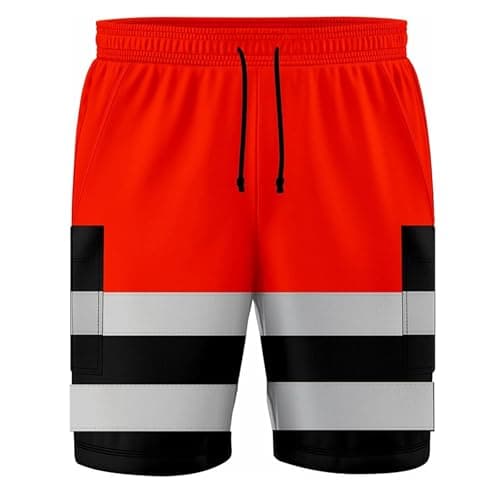 Image of HUBIBUBI Hi Vis Elasticated Work wear Safety Shorts with T-Shirt | Classic Multi Pocket Cargo Design Easy Care Mens Work Hi Visibility (UK, Alpha, L, Regular, Regular, Orange Short - 2 Tone)