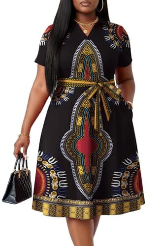 Image of FANDEE Plus Size Dresses, Women Summer Casual V Neck Short Sleeve A-Line Work Cocktail Shirt Midi Dress with Belt and Pockets, African Print, 5XL