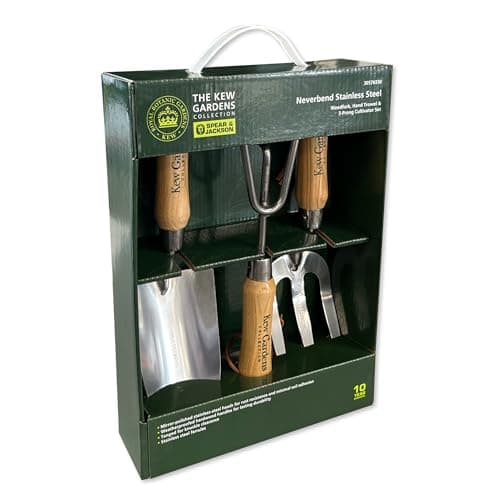 Image of Spear & Jackson 3057KEW Kew Gardens Collection 3 Piece Garden Hand Tool Gift Set - Hand Trowel, Weed Fork and Cultivator - FSC Weatherproofed Handles, Mirror Polished Stainless Steel Heads