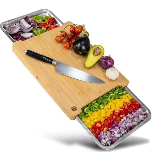 Image of Naturlik Chopping Board Made of Bamboo Wood with 2 Magnetic Pull-Out Trays | Practical Kitchen aid: Waste to Left – Food to the Right