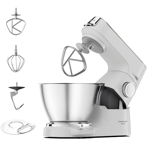 Image of Kenwood Titanium Chef Baker, Kitchen Machine with K-Whisk, Stand Mixer with Kneading Hook, Whisk and 5L Bowl, KVC65.001WH, Power 1400W, White