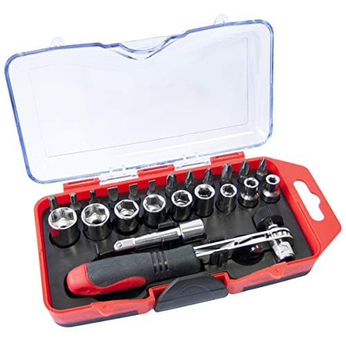 Image of Amtech - 23pc Offset Ratchet Handle, Bit & Socket Set, Reversible 1/4in Drive with Extension, for Confined-Space Fastening, DIY & Automotive Tasks
