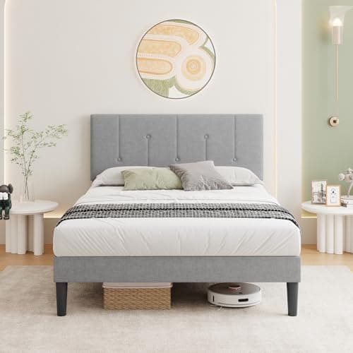 Image of Vesgantti Linen Small Double Bed Frame with Adjustable Headboard, Solid Wooden Slats & Upholstered Platform, Easy Assembly, Noise-Free, Under Bed Storage, 4FT Small Double Bed, 120 x 190 cm,Light Grey