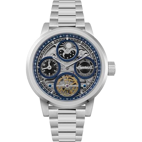 Image of Ingersoll The Arc Mens 44mm Automatic Watch with Blue Skeleton Dial and Silver Stainless Steel Bracelet I16003