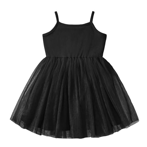Image of Dioshark Baby Girl Dress Sleeveless Black Cotton Spaghetti Straps Fluffy Tulle Princess Dresses Summer Toddler Kid Tutu Dress Knit Ribbed Sundress Party Casual Outfit for Infant 2-3 Years