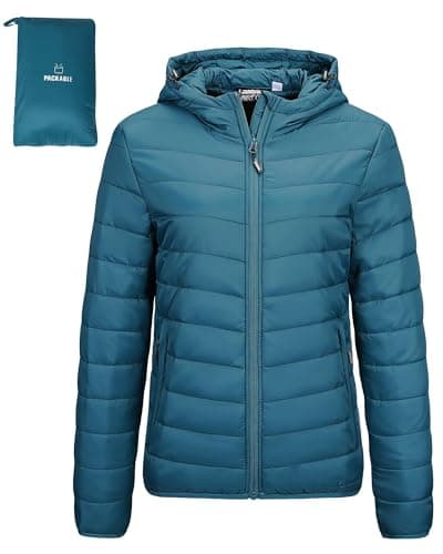 Image of Outdoor Ventures Women's Winter Lightweight Puffer Jacket with Hood, Warm, Short, Packable, Quilted, Transitional, Padded Jacket for Ladies, Lined for Hiking, Travel Modern Blue S