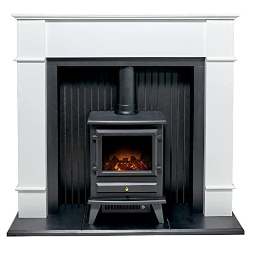 Image of Adam Oxford Stove Fireplace in Pure White with Hudson Electric Stove in Black, 48 Inch