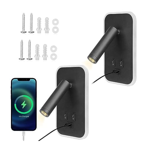 Image of Wall Mounted Reading Lamp with USB Connection, 3W + 9W 3000K LED Warm White Bed Lamp, Adjustable Spotlight Indoor Wall Lamp Bedroom with Switch for Bedroom Hotels Black, Pack of 2