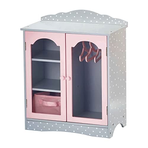 Image of Olivia's Little World Polka Dot Princess Wooden Shaker-Style Double Closet for 18" Doll Wardrobes with Windowed Doors, Three Shelves, Hanging Space with Hangers, Grey/Pink