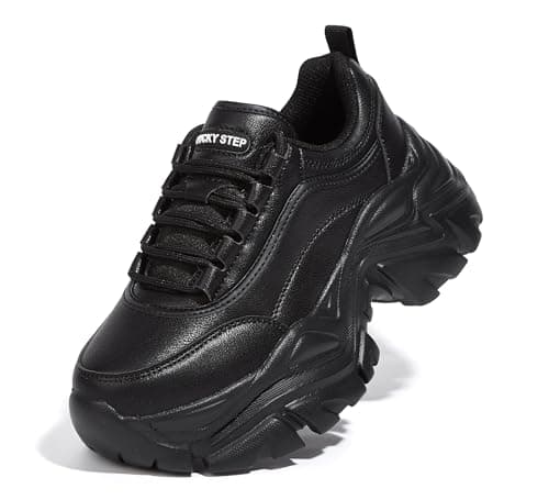 Image of LUCKY STEP Women Chunky Sneakers Fashion Platform Leather Casual Dad Shoes Comfortable Wedge Walking Sport Sneakers (Black, 6US-36EU-3UK)
