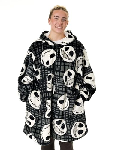 Image of Disney The Nightmare Before Christmas Adults Wearable Blanket Hoodie | NMBC Zip Fleece Hooded Pullover in Black with Jack Skellington Character Print | Christmas Movie Loungewear Merchandise Gift