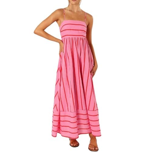 Image of YILEEGOO Women's Summer Striped Maxi Dress 2024 Sexy Spaghetti Strap Flowy Swing Long Dress Boho A-Line Beach Sundresses (V-Pink, S)